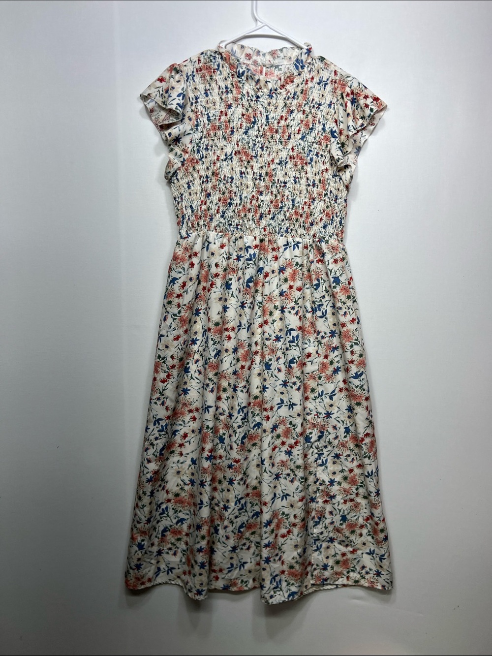 SHEIN Cream Floral Smocked Midi Dress with Pink and Blue Blossoms